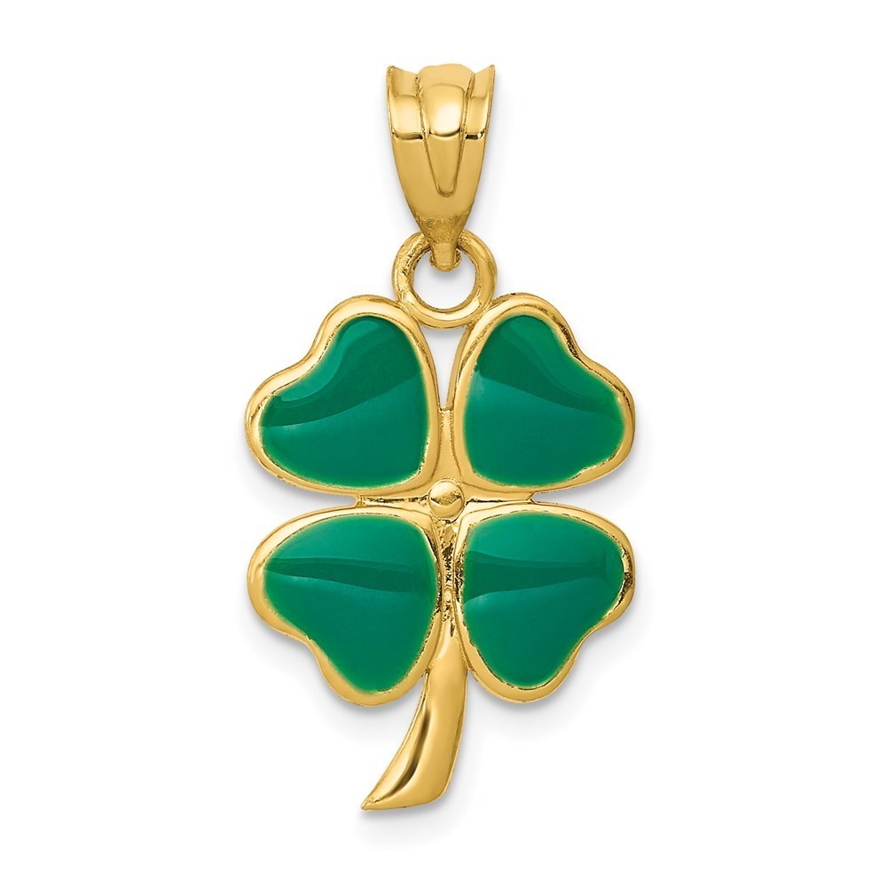 14k Yellow Gold Enameled Four Leaf Clover Shamrock Necklace Charm Pendant